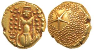 Star Gold Pagoda, 3.26g, single Swami (Balaji-Tirupati) standing, facing front on obv.; st