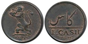 Copper 1 Cash, 0.60g, 1803, Lion holding a crown to left on obv., Value in English and Per