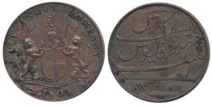 Copper 20 Cash, coat of arms of the EIC and date 1803 on obv., value in English on rev. (K