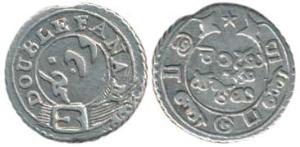 Silver Double Fanam, 2nd issue, 1808, oblique milling, buckled garter on obv., ribbon and 