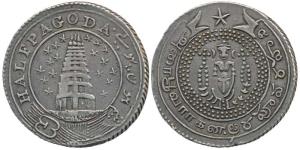 Silver ½ Pagoda, 20.98g, 2nd issue, 1808, value in English and Persian on ribbon around Go