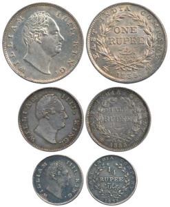 William IV, Set of 3, Silver Rupee, ½ and 1/4, 1835, RS incuse, B / II / 20 berries; no in