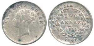 Victoria Queen, Silver 2 Annas, 1841, continuous legend, no initials / 16 Berries and Larg
