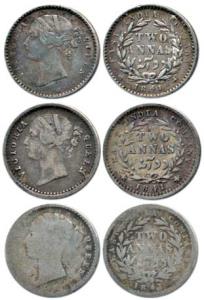 Victoria Queen, Silver 2 Annas, Madras and Calcutta Mint, divided legend, ’S’ incuse, WW r