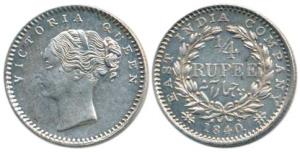 Victoria Queen, Silver ¼ Rupee, 1840, Bombay Mint, continuous legend, English Head Modifie