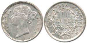 Victoria Queen, Silver ¼ Rupee, 1840, divided legend, WW raised / 10 Berries, the digit 1 