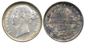 Victoria Queen, Silver ¼ Rupee, 1840, Calcutta Mint, divided legend, obv. WW raised, rev. 