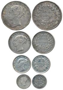 Victoria Queen, Silver set of 4, Rupee, 1/2, ¼ and 2 Annas, 1840, continuous legend. Fine 