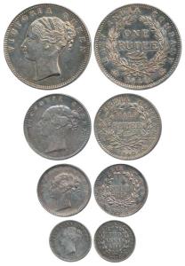 Victoria Queen, Set of 4, Silver Rupee, 1/2, ¼ and 2 Annas, 1840, Calcutta Mint, continuou