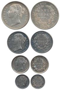 Victoria Queen, Set of 4, Silver Rupee, 1/2, ¼ and 2 Annas, 1840, divided legend, WW raise