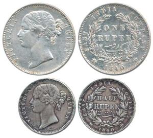 Victoria Queen, Silver Rupee and 1/2, 1840, divided legend, WW raised and incused respecti