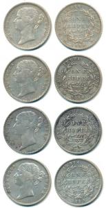 Victoria Queen, Silver Rupee, Madras Mint, divided legend, WWB raised / 28 Berries (3), WW