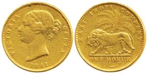 Victoria Queen, Gold Mohur, 1841, divided legend, WW incused on truncation, (KM 462.1). Sl