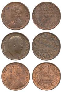 Victoria Queen and Edward VII, Copper ¼ Anna, 1862, 1891, 1903. Extremely Fine to Uncircul