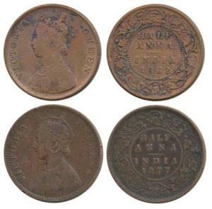 Victoria Queen and Empress, Copper ½ Anna, 1862, Calcutta Mint, 1877, Bombay Mint. Very Fi