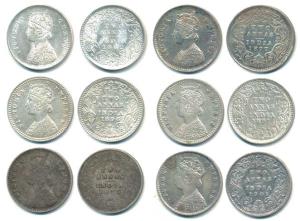 Victoria Queen and Empress, Silver 2 Annas, 1862, Bombay Mint; 1875, 1877, 1896, 1897, 190