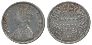 Victoria Queen, Silver ½ Rupee, 1862, C / II. Very Fine, Scarce.