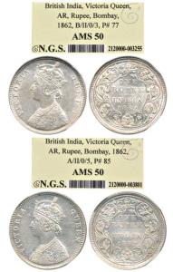 Victoria Queen, Silver Rupee, 1862, Bombay Mint, A / II / 0 / 5, B / II / 0 / 3. Slabbed i