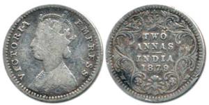 Victoria Empress, Silver 2 Annas, 1879, Calcutta Mint, B / II / ’C’ incuse. About Very Fin