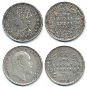Victoria Empress and Edward, Silver 2 Annas, 1898 and 1903, the first ’B’ incused. Very Fi