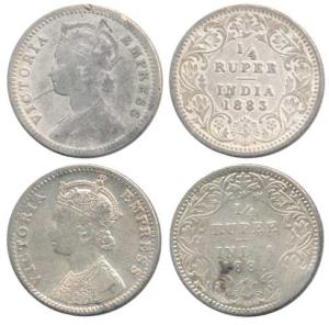 Victoria Empress, Silver ¼ Rupee, 1883, C / II / ’C’ incuse; 1888, C / II / ’B’ incuse. Fi