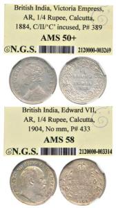 Victoria Empress and Edward VII, Silver ¼ Rupee, 1884 and 1904, Calcutta Mint. Slabbed in 