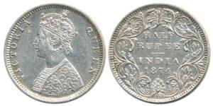 Victoria Queen, Silver ½ Rupee, 1874, Bombay Mint, B2 / II / Dot. About Extremely Fine, Ra