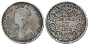 Victoria Empress, Silver ½ Rupee, 1878, Calcutta Mint, A / I / no mint mark. About Very Fi