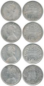Victoria Queen and Empress, Silver Rupee, 1874, Bombay Mint, A2 / II / no mint mark; 1875,