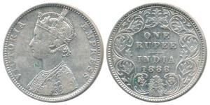 Victoria Empress, Silver Rupee, 1888, C2 / ’I’ inverted ’B’ incuse. About Very Fine, Rare.