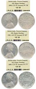 Victoria Empress, Silver Rupee, 1889, 1890, 1901. Slabbed in NGS holder graded as VF35. (3