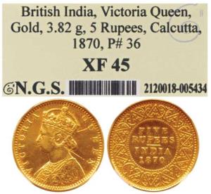 Victoria Empress, Gold Rupees 5, 1870, Calcutta Mint, 3.82g, Mature Bust, (Prid 36). Slabb
