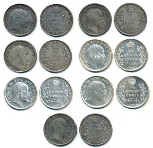 Edward VII, Silver ¼ Rupee, 1903, 1904, 1905, 1906, 1907, 1908, 1910, Calcutta Mint. About