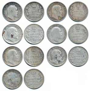 Edward VII, Silver ¼ Rupee, 1906 (3), 1907, 1908, 1910 (2), Bombay and Calcutta Mint. Fine