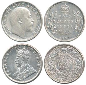 Edward VII and George V, Silver ½ Rupee, 1907 and 1923, Bombay Mint. Very Fine+ and About 