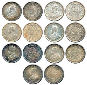 George V, Silver ¼ Rupee, 1916, 1917, 1925, 1928, 1930, 1934, 1936, Bombay and Calcutta Mi