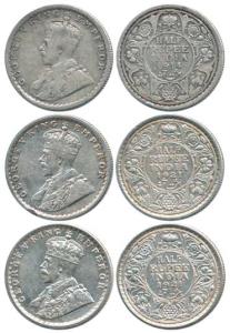George V, Silver ½ Rupee, 1914, 1921 (2), Calcutta Mint. Fine+ to Extremely Fine. (3)