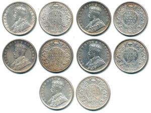 George V, Silver ½ Rupee, 1917, 1918, 1919, 1934, 1936, Bombay and Calcutta Mint. About Ex