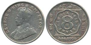 George V, Cupro-Nickel 8 Annas, 1919, Calcutta Mint. Fine+.