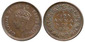 George VI, Copper 1/12th Anna, 1939, Bombay Mint, Mature Head. Extremely Fine, Rare.