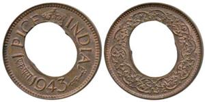 Copper Pice, 1943, Error, the hole much larger than the usual. Extremely Fine.