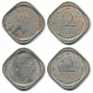 George VI, Copper Nickel 2 Annas, 1939, Calcutta Mint, Mature Head, no mint mark. About Ve