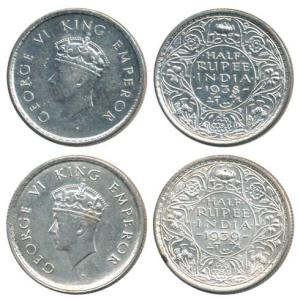 George VI, Silver ½ Rupee, 1938, 1939, Bombay and Calcutta Mint, Young Head. Extremely Fin