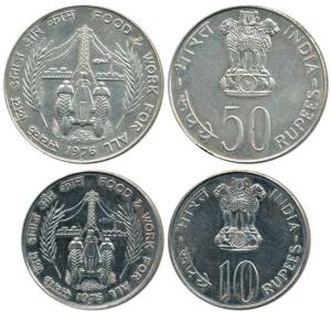 Silver Rupees 50 and 10, 1976, Food For All. Uncirculated in Mint state. (2)