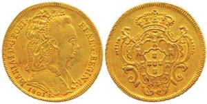 Brazil, Gold 6400 Reis, 14.12g, 1801, bust of Maria I & Pedro III on obv., locally known a
