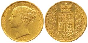 Great Britain, Victoria, Shield Sovereign, 8g, Shield on rev., 1872. Very Fine+, Rare.