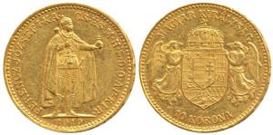 Hungary, Franz Joseph I, Gold 10 Korona, Magyar 1910, Emperor standing on obv., crowned sh