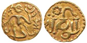 Sri Lanka, Chola Fanam, Gold ¼ Pagoda, 1.04g, king on obv., with Lanka written on rev. (De