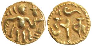 Sri Lanka, Chola Fanam, Gold ¼ Pagoda, 1g, king on obv., with Lanka written on rev. (De Si