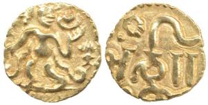 Sri Lanka, Gold Fanamor 1/8 Pagoda, 0.5g, obv. king standing; rev. Nagari legend Darak (De